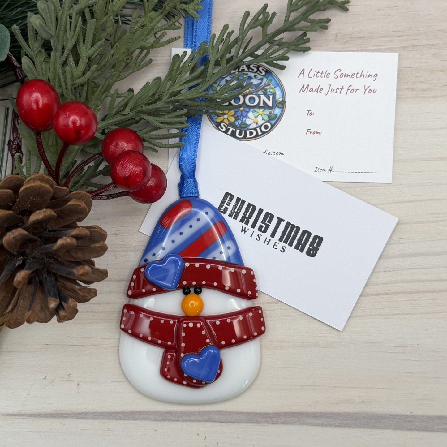 Handcrafted Fused Glass Snowman Ornament – Blue Top Hat Christmas Ornament – Handmade Holiday Tree Decoration