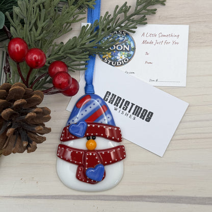 Handcrafted Fused Glass Snowman Ornament – Blue Top Hat Christmas Ornament – Handmade Holiday Tree Decoration