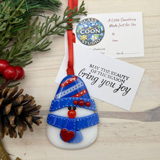 Patriotic Fused Glass Snowman Ornament – Handmade Christmas Decor