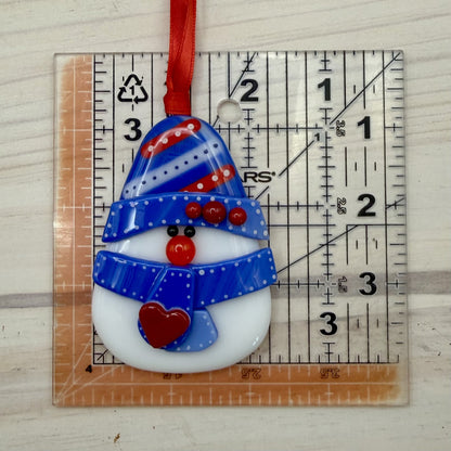 Patriotic Fused Glass Snowman Ornament – Handmade Christmas Decor