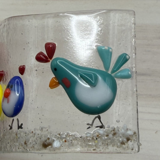 Fused Glass Chicken Wave Panel – Whimsical Farm Flock, Free-Standing Art