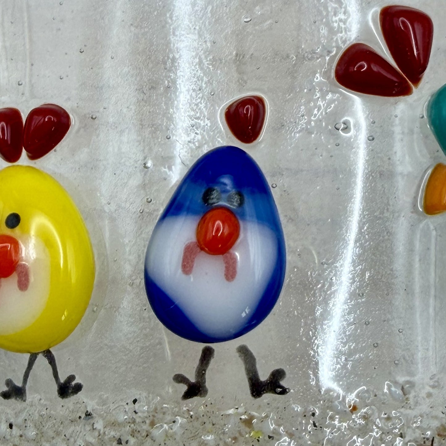 Fused Glass Chicken Wave Panel – Whimsical Farm Flock, Free-Standing Art