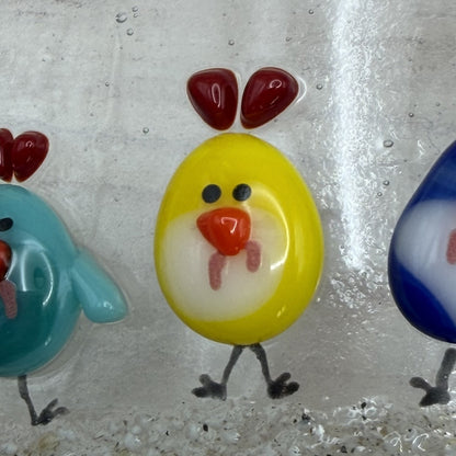 Fused Glass Chicken Wave Panel – Whimsical Farm Flock, Free-Standing Art