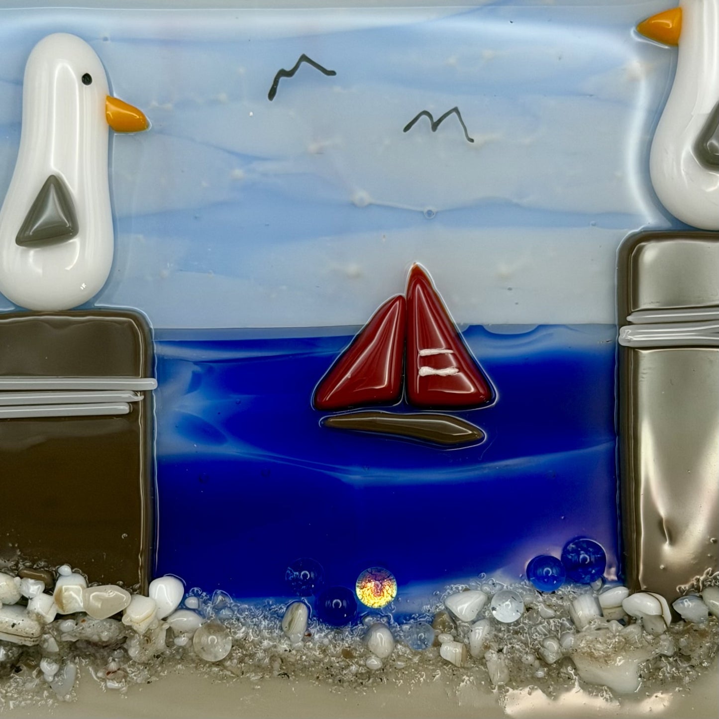 Playful Seagulls on Beach Pilings – Framed Fused Glass Coastal Art Panel