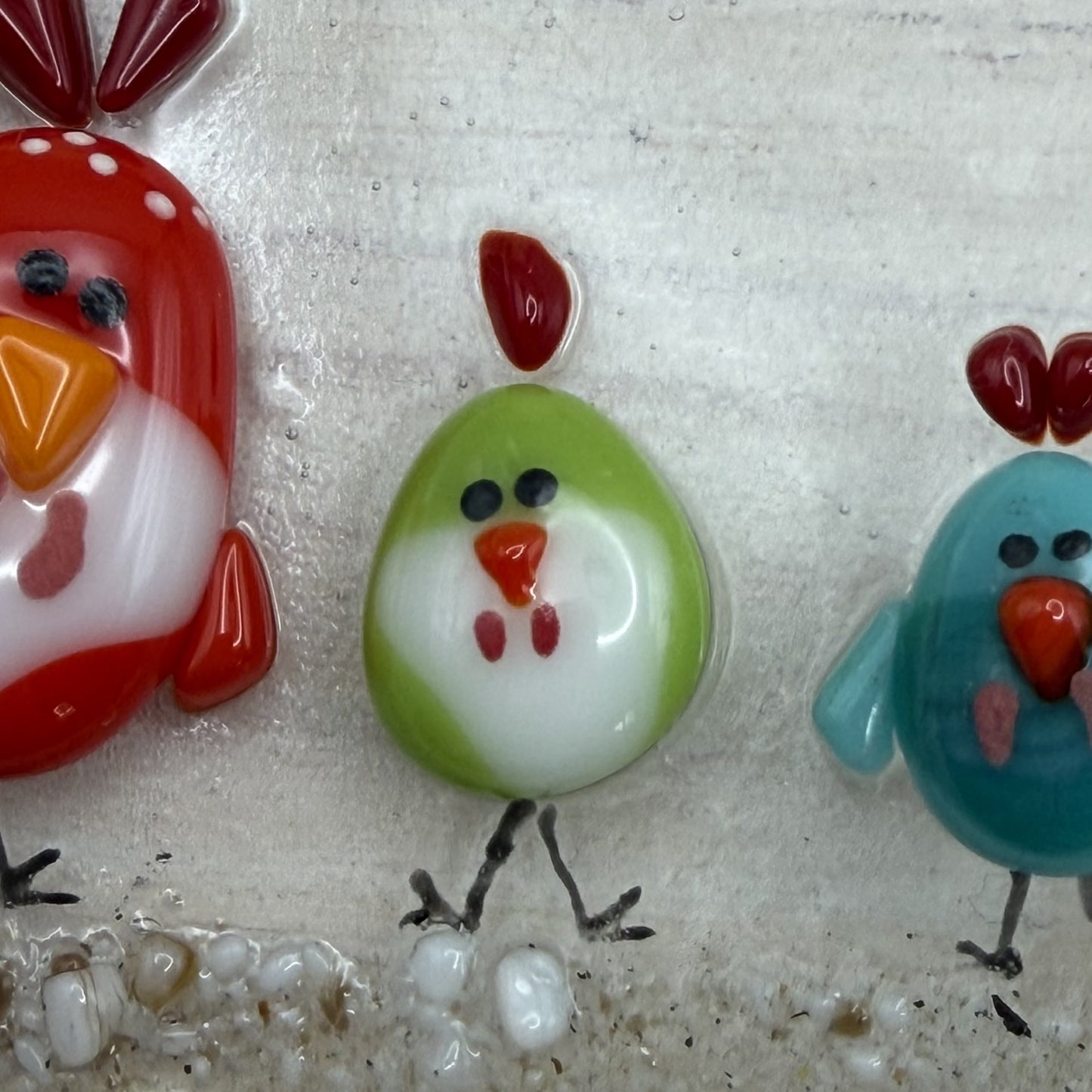 Fused Glass Chicken Wave Panel – Whimsical Farm Flock, Free-Standing Art