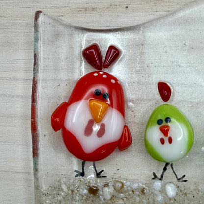 Fused Glass Chicken Wave Panel – Whimsical Farm Flock, Free-Standing Art
