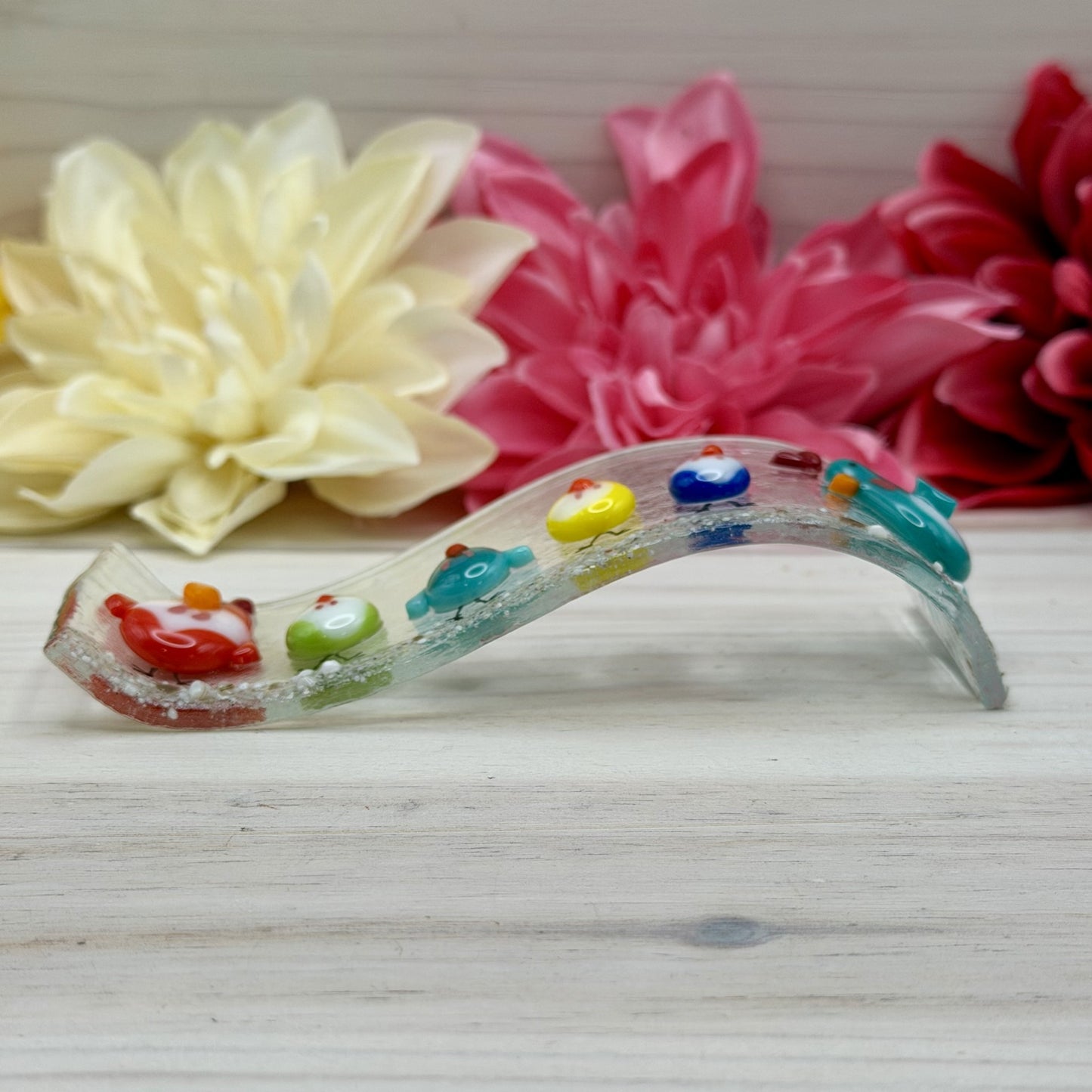 Fused Glass Chicken Wave Panel – Whimsical Farm Flock, Free-Standing Art
