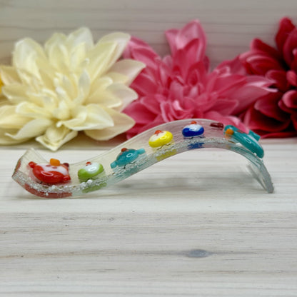 Fused Glass Chicken Wave Panel – Whimsical Farm Flock, Free-Standing Art