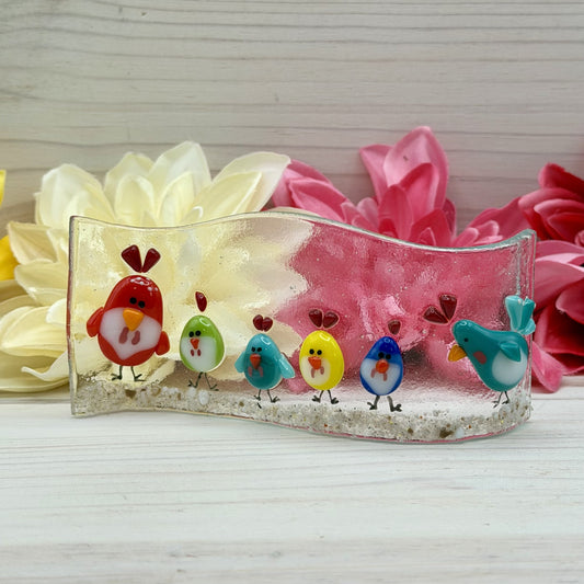 Fused Glass Chicken Wave Panel – Whimsical Farm Flock, Free-Standing Art