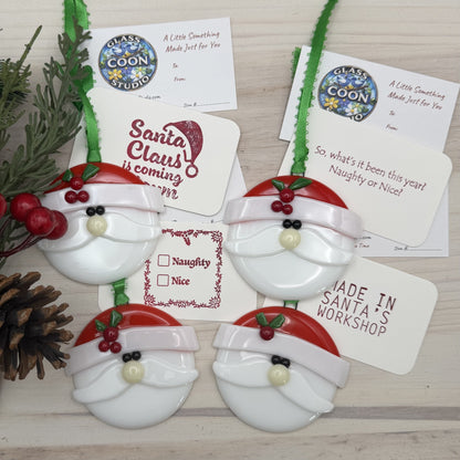 Handmade Fused Glass Santa Claus Ornament – Round Christmas Tree Ornament – 2.75" Holiday Decor – Ready to Ship