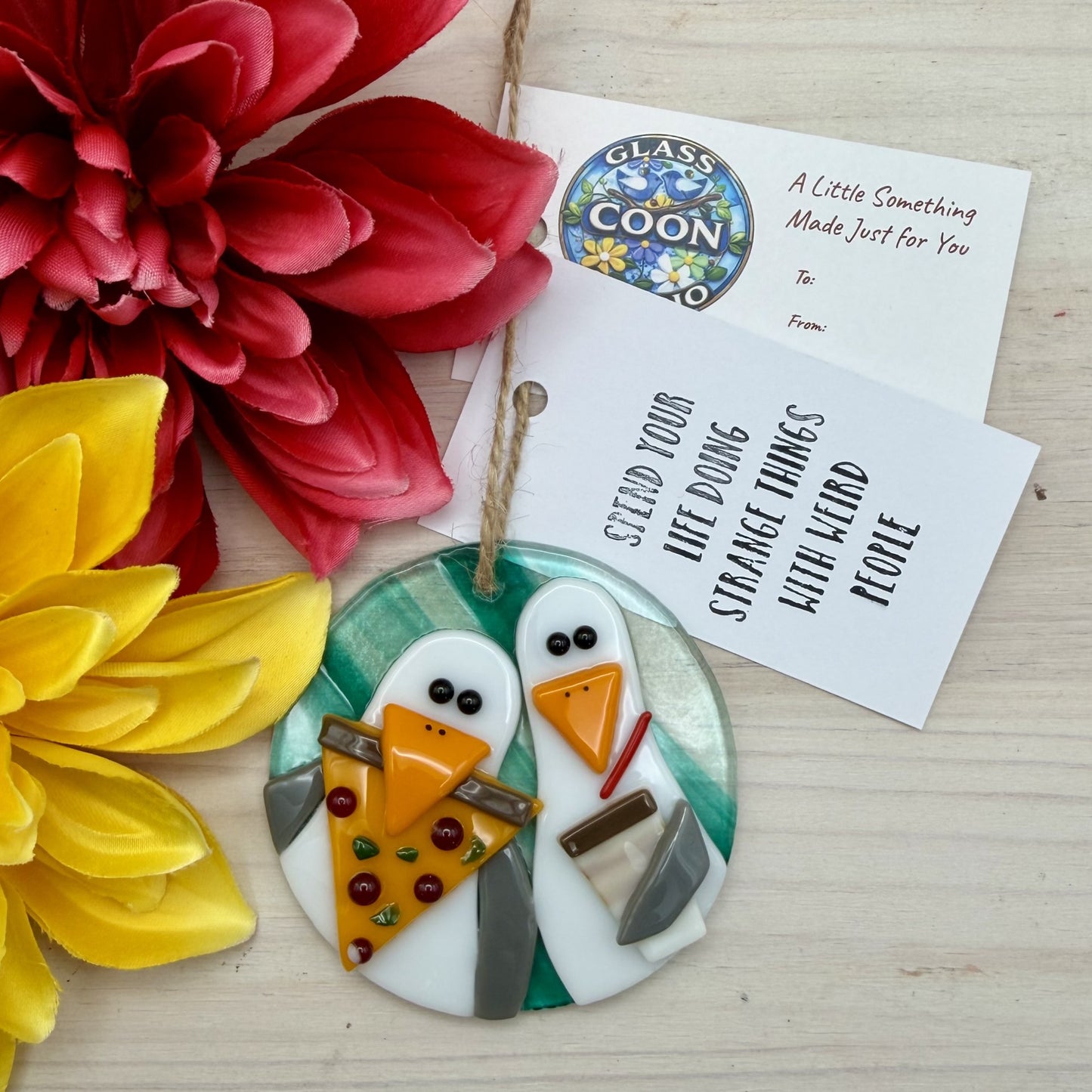Fused Glass Seagull Ornament – Funny Coastal Decor with Pizza & Coffee Theme