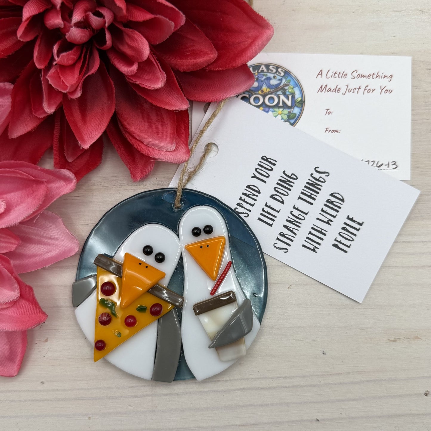 Fused Glass Seagull Ornament with Pizza & Drink – Funny Beach Ornament