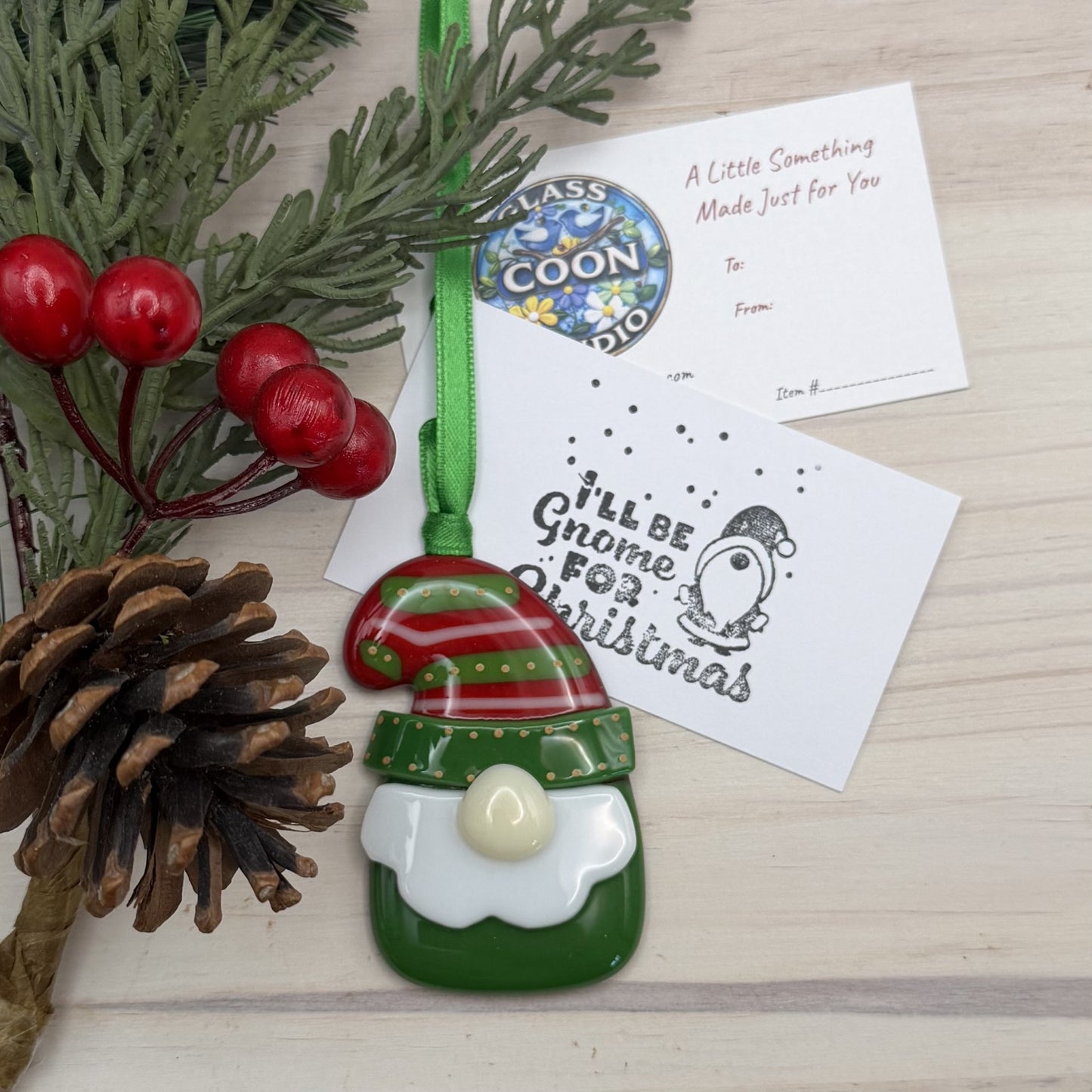 Handmade Fused Glass Christmas Gnome Ornament – Red & Green Holiday Gnome – "I'll Be Gnome For Christmas"