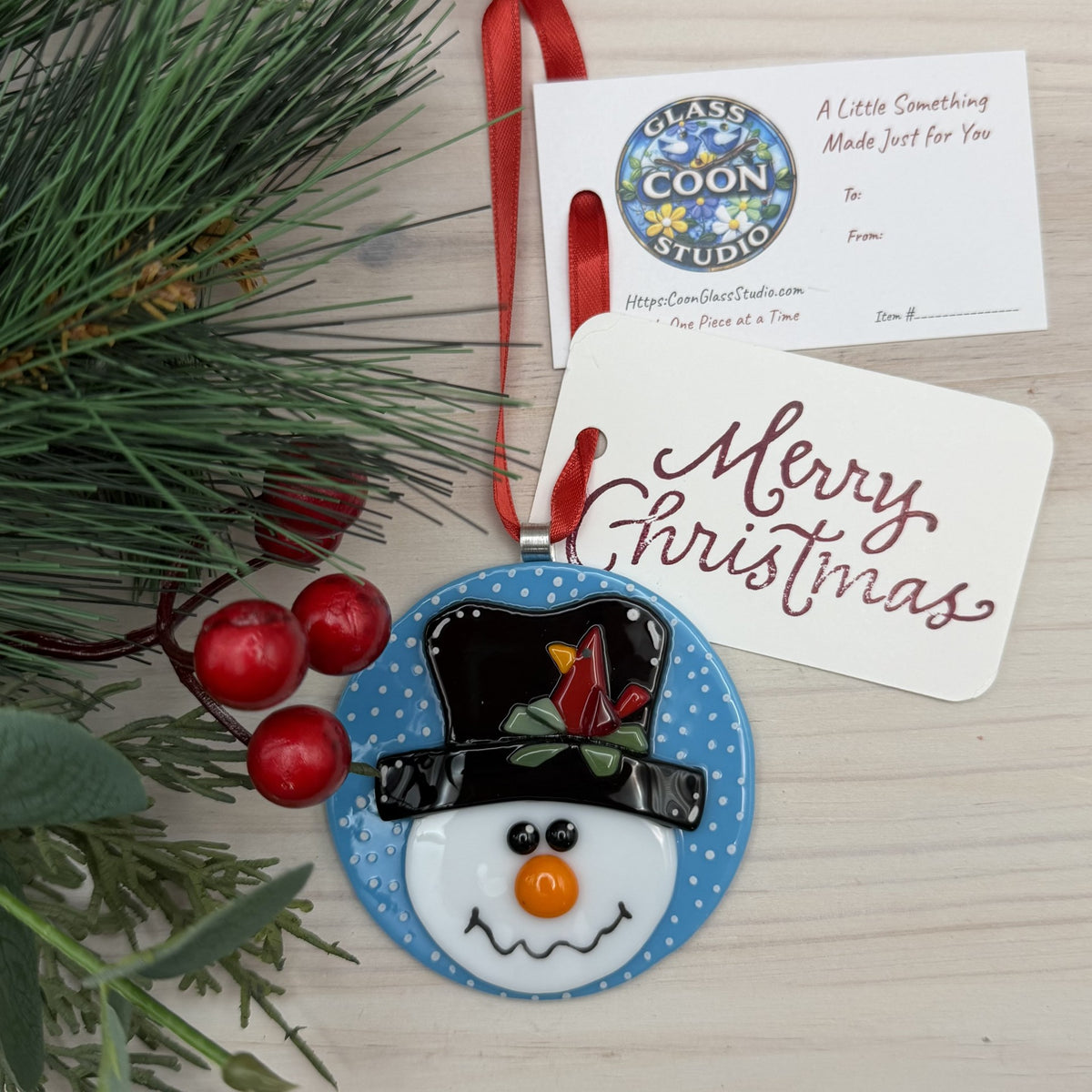 Fused Glass Snowman Ornament with Cardinal on Top Hat