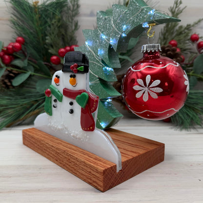 Fused Glass Snowman Couple with Lighted Tree & Oak Display Stand