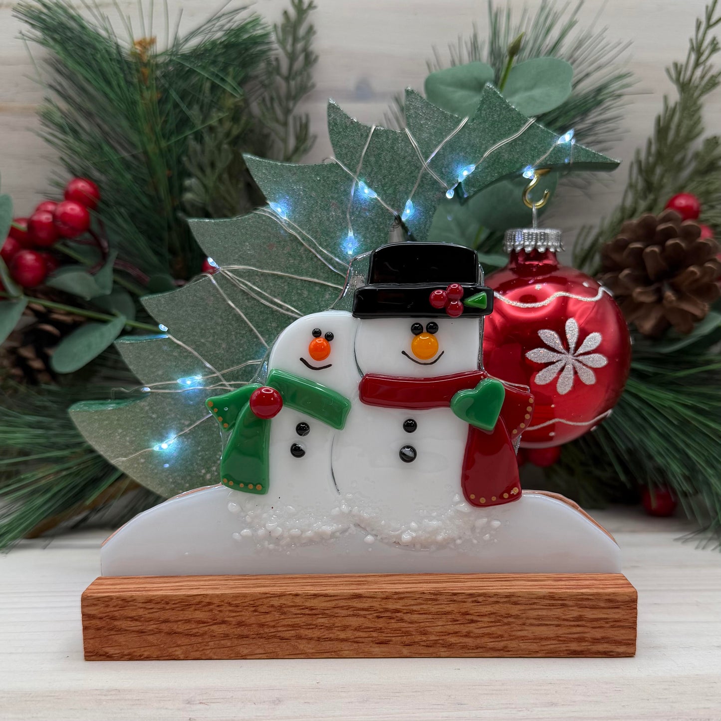 Fused Glass Snowman Couple with Lighted Tree & Oak Display Stand
