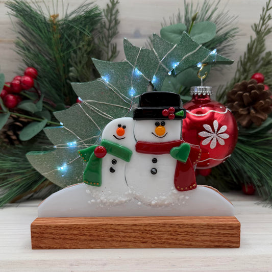 Fused Glass Snowman Couple with Lighted Tree & Oak Display Stand