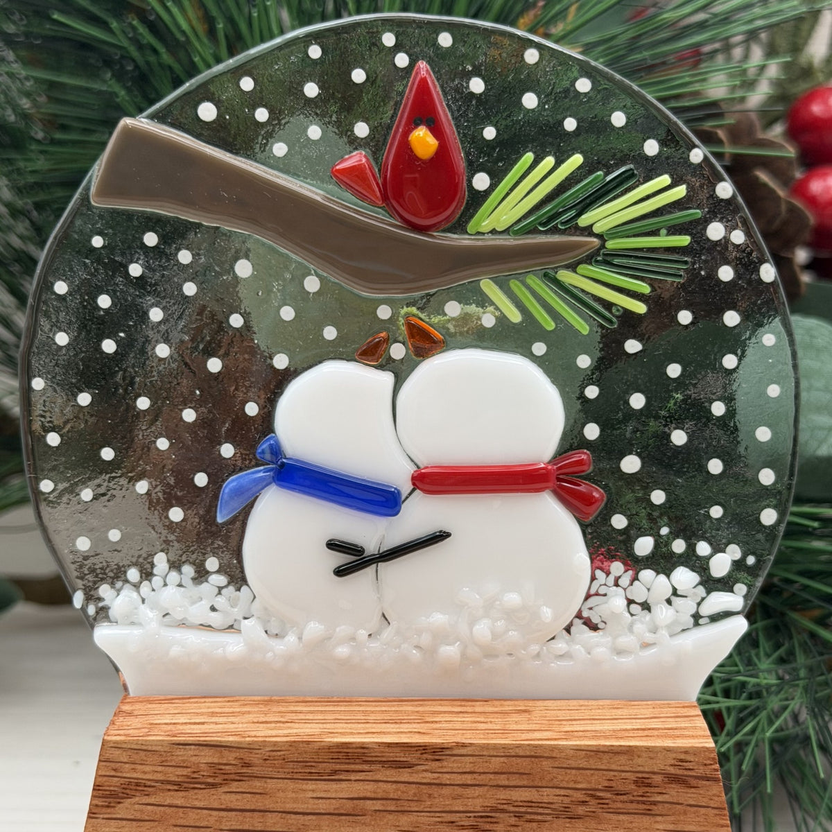 Fused Glass Snow Globe with Snowman Couple and Cardinal – Winter Glass Art with Oak Display Stand
