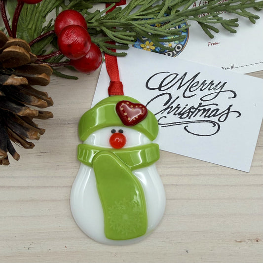 Fused Glass Snowman Ornament – Lime Green Hat & Scarf