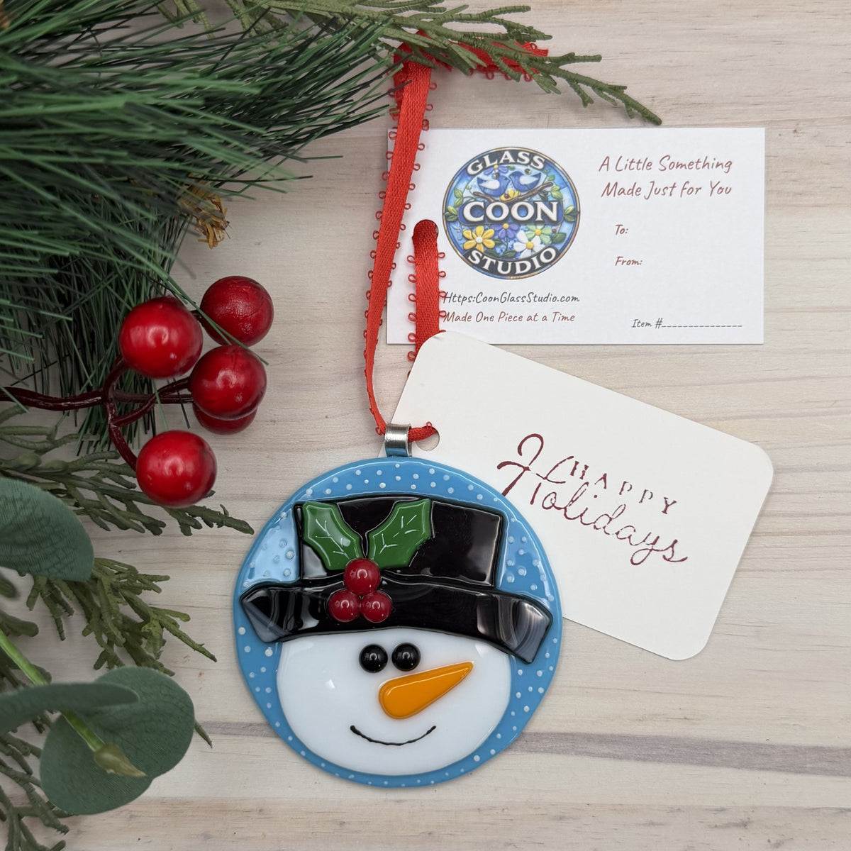 Fused Glass Snowman Christmas Ornament with Top Hat