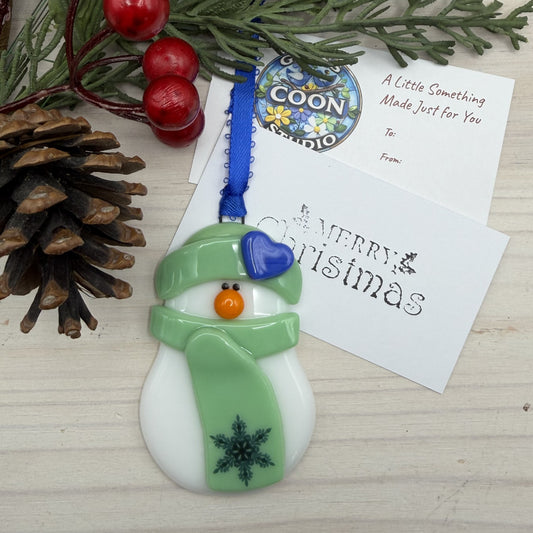 Fused Glass Snowman Ornament – Mint Green Hat & Scarf with Blue Heart – Handmade Christmas Ornament