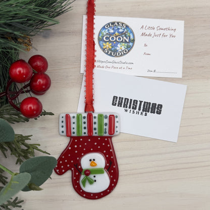 Fused Glass Red Mitten Ornament with Snowman