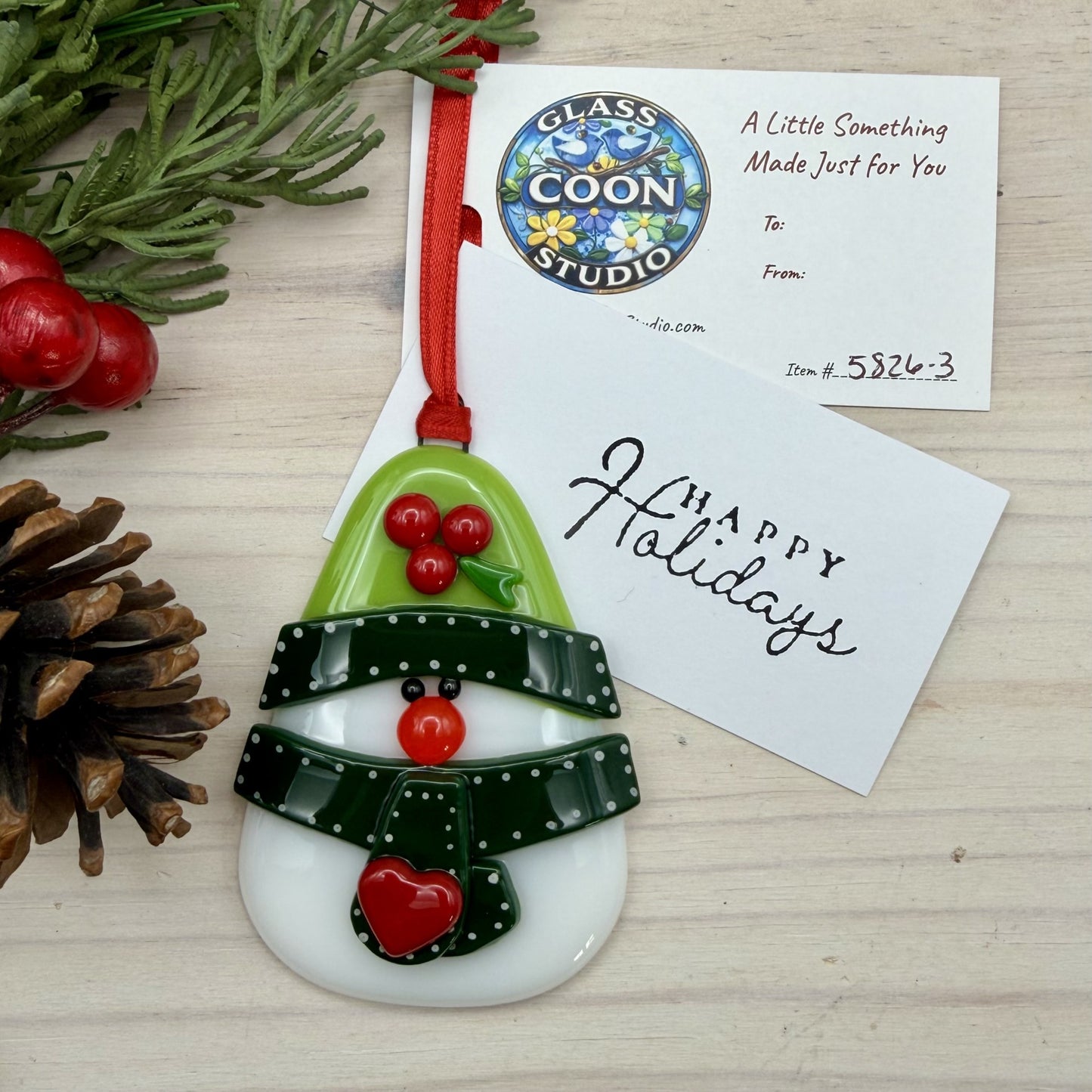 Fused Glass Snowman Ornament with Holly Hat – Handmade Whimsical Christmas Ornament