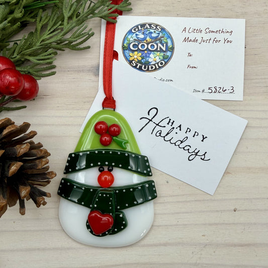 Fused Glass Snowman Ornament with Holly Hat – Handmade Whimsical Christmas Ornament