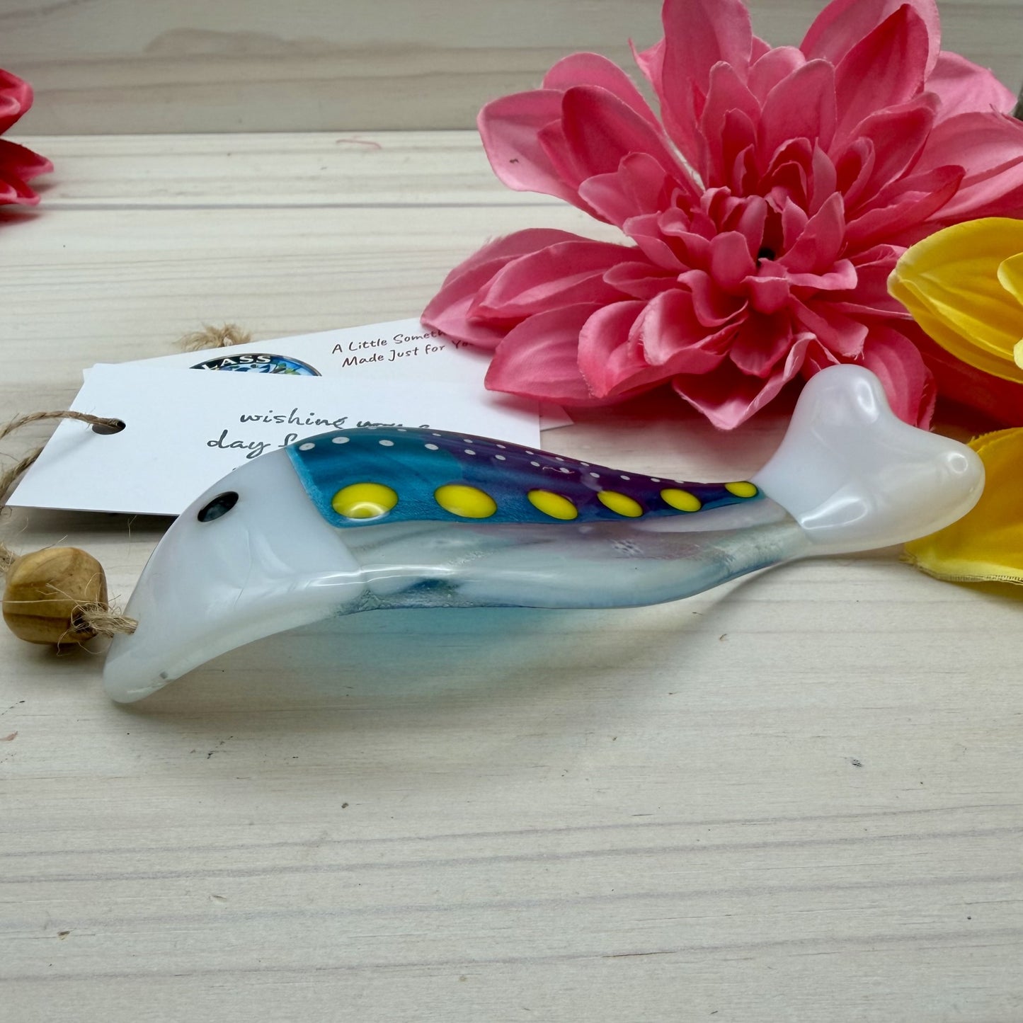 Fused Glass Wave Fish Suncatcher Ornament with Hemp Cord and Gift Card
