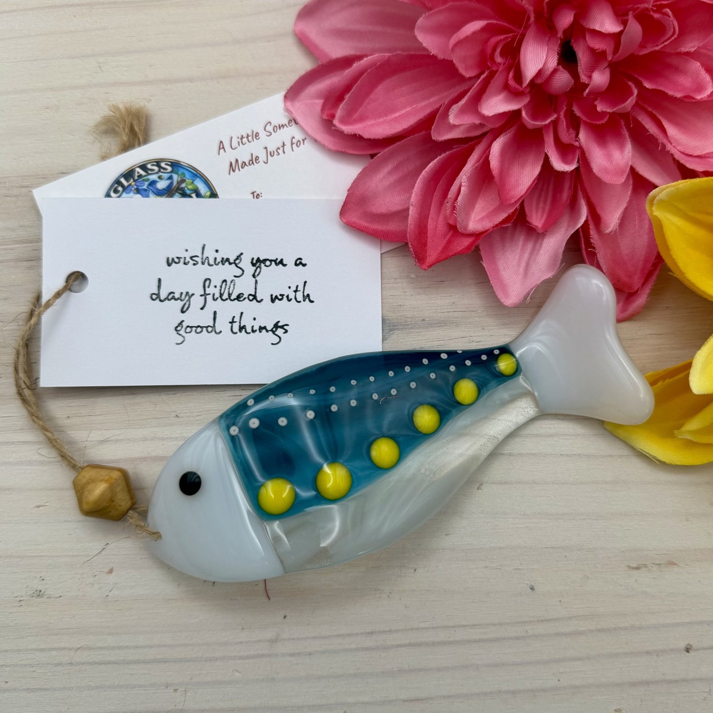 Fused Glass Wave Fish Suncatcher Ornament with Hemp Cord and Gift Card