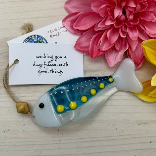 Fused Glass Wave Fish Suncatcher Ornament with Hemp Cord and Gift Card
