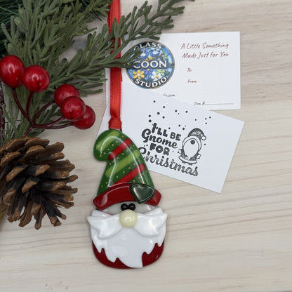Handcrafted Fused Glass Christmas Gnome Ornament with Striped Hat – "I'll Be Gnome For Christmas"
