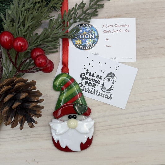 Handcrafted Fused Glass Christmas Gnome Ornament with Striped Hat – "I'll Be Gnome For Christmas"