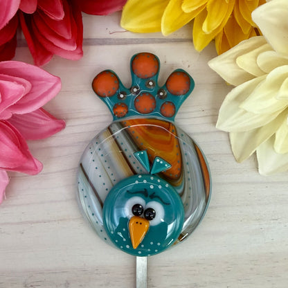 Fused Glass Whimsical Bird Garden Stake – Bird Yard Art – Handmade Outdoor Glass Decor