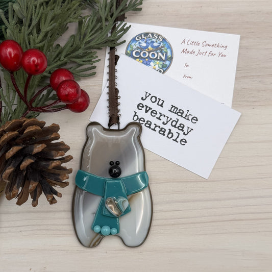 Handcrafted Fused Glass Brown Bear Ornament with Teal Scarf and Layered Heart – "You Make Everyday Bearable"
