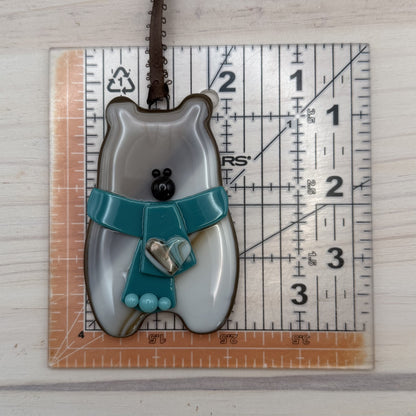 Handcrafted Fused Glass Brown Bear Ornament with Teal Scarf and Layered Heart – "You Make Everyday Bearable"