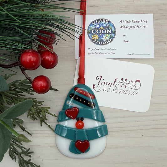 Fused Glass Teal Snowman Christmas Ornament