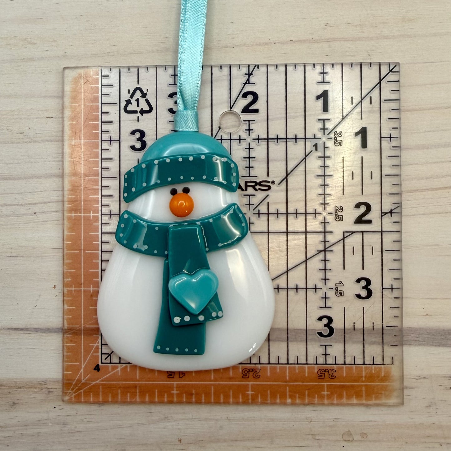 Fused Glass Snowman Ornament with Teal Hat and Heart Scarf