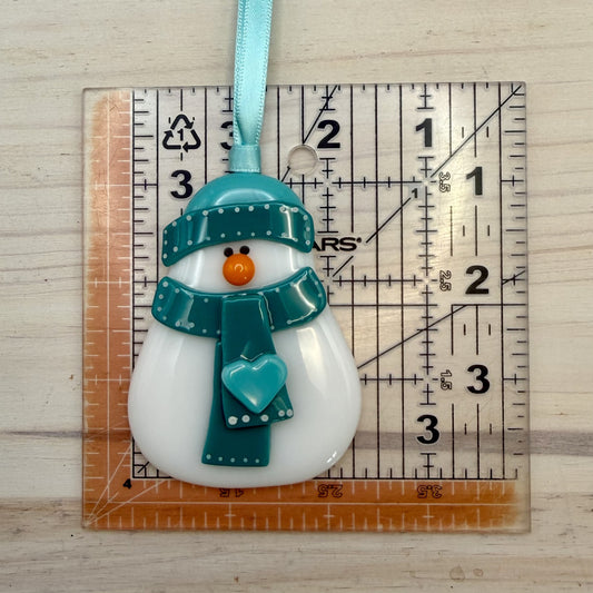 Fused Glass Snowman Ornament with Teal Hat and Heart Scarf