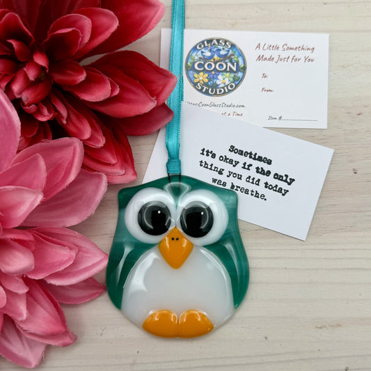 Fused Glass Owl Ornament / Suncatcher – Teal & White Wispy Owl | Handmade Encouragement Gift