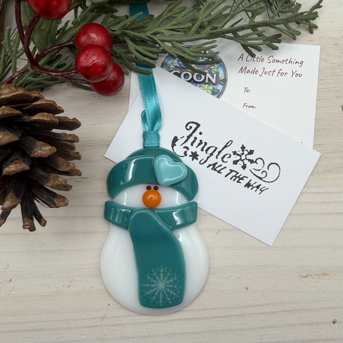 Fused Glass Snowman Ornament – Teal Hat & Scarf with Red Heart – Handmade Christmas Ornament