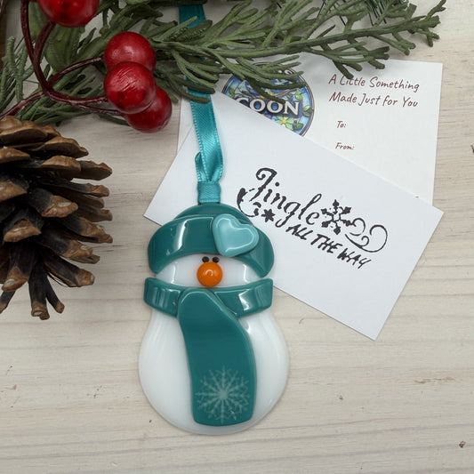 Fused Glass Snowman Ornament – Teal Hat & Scarf with Red Heart – Handmade Christmas Ornament