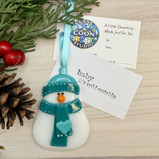 Fused Glass Snowman Ornament with Teal Hat and Heart Scarf
