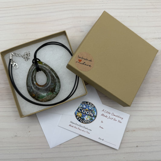 Recycled Fused Glass Teardrop Necklace – Neutral Tone Statement Pendant – Handmade Glass Jewelry