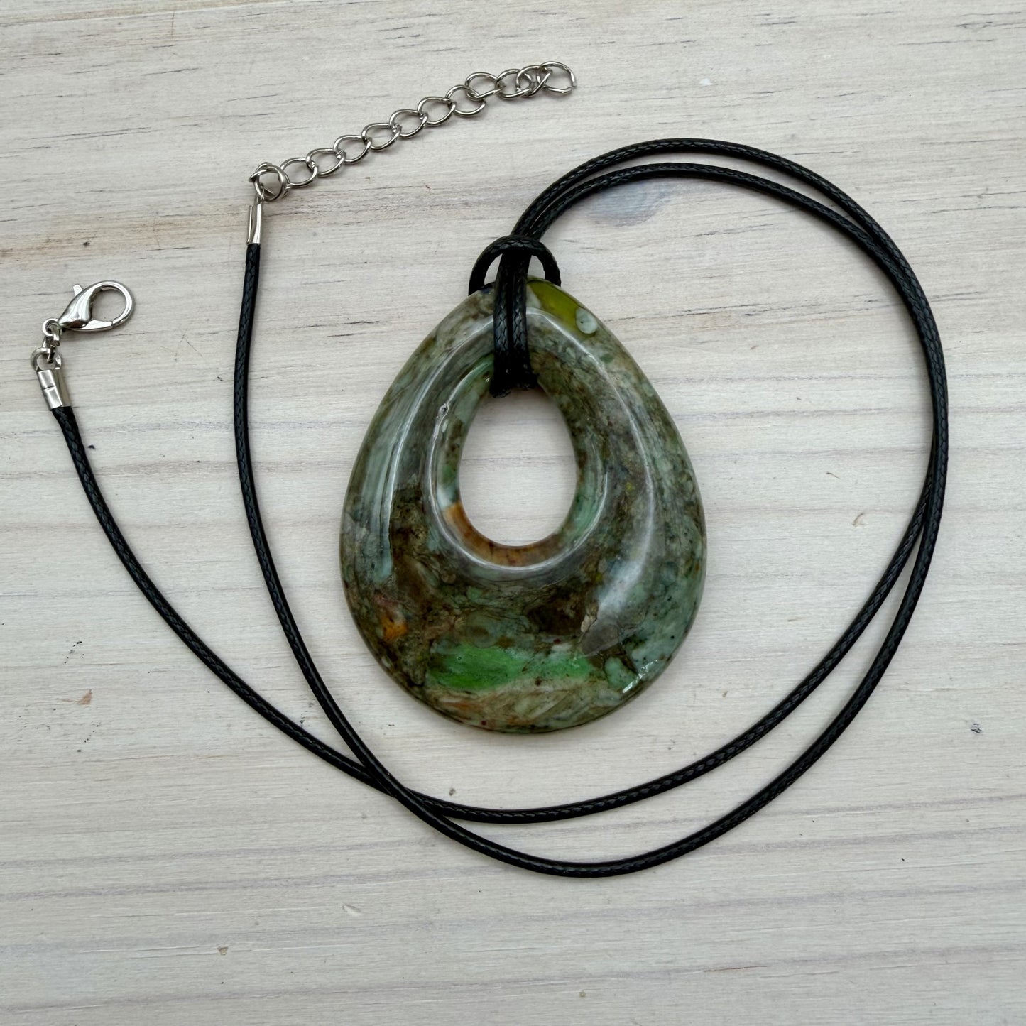 Recycled Fused Glass Teardrop Necklace – Neutral Tone Statement Pendant – Handmade Glass Jewelry