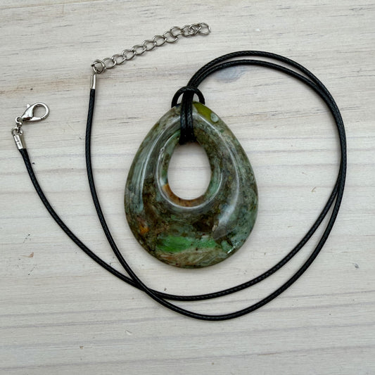 Recycled Fused Glass Teardrop Necklace – Neutral Tone Statement Pendant – Handmade Glass Jewelry