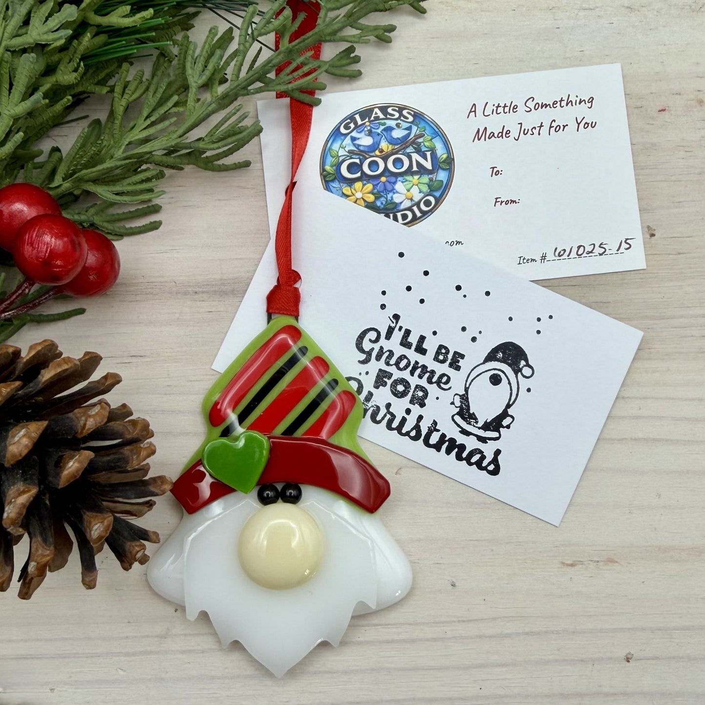 Fused Glass Christmas Tree Gnome Ornament – Whimsical Handmade Holiday Ornament