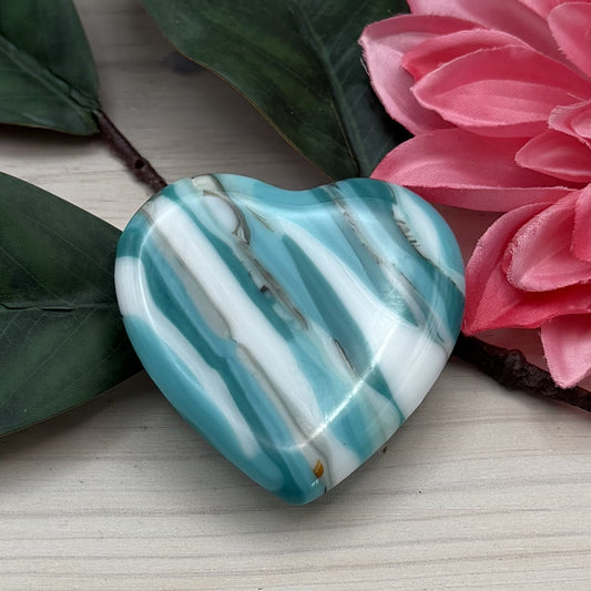 Fused Glass Heart Keepsake – Teal, Turquoise, Brown and Orange Small Paperweight