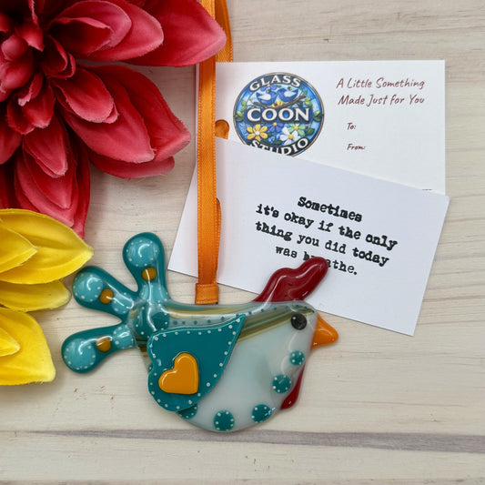 Whimsical Fused Glass Chicken Ornament – Handmade Farmhouse Decor