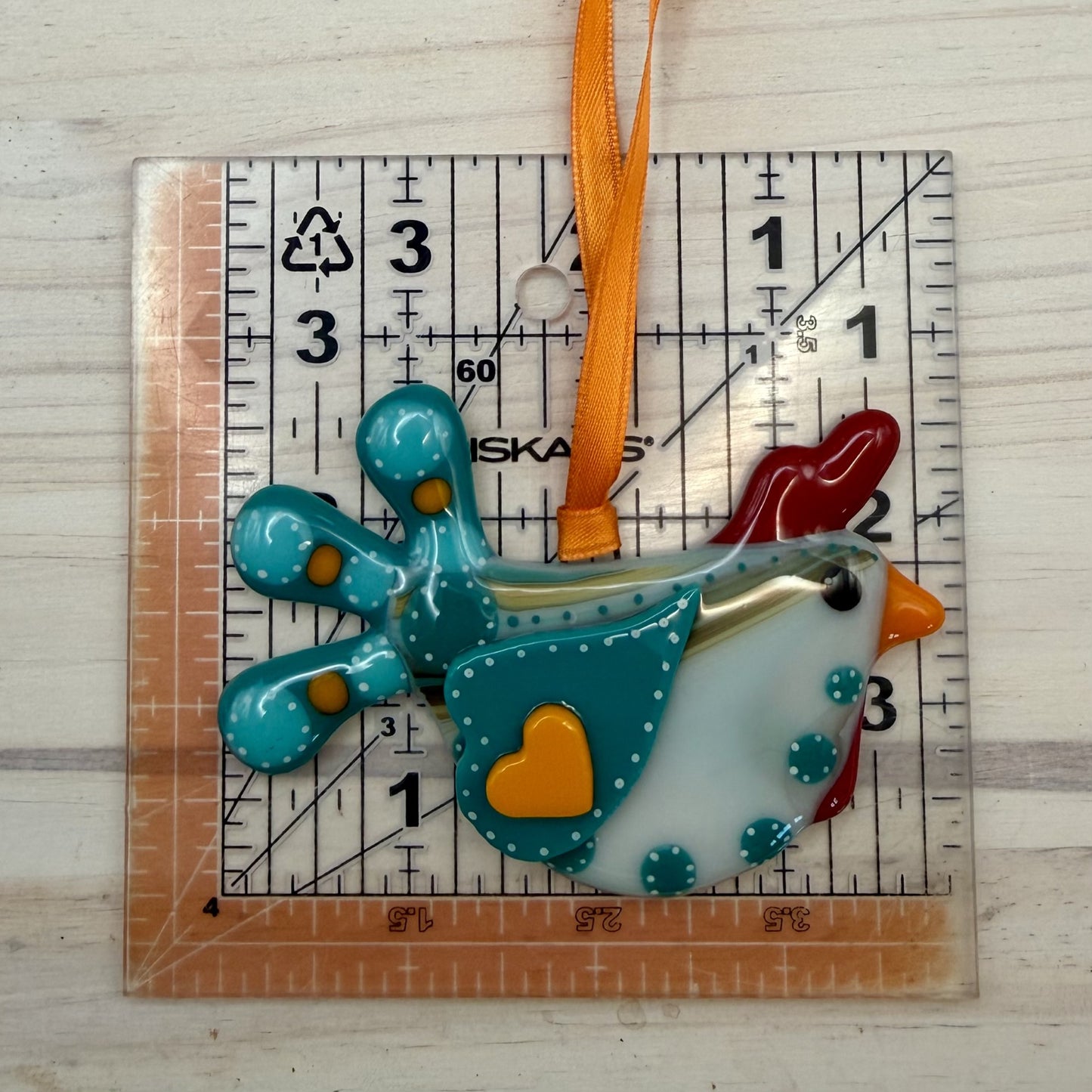 Whimsical Fused Glass Chicken Ornament – Handmade Farmhouse Decor